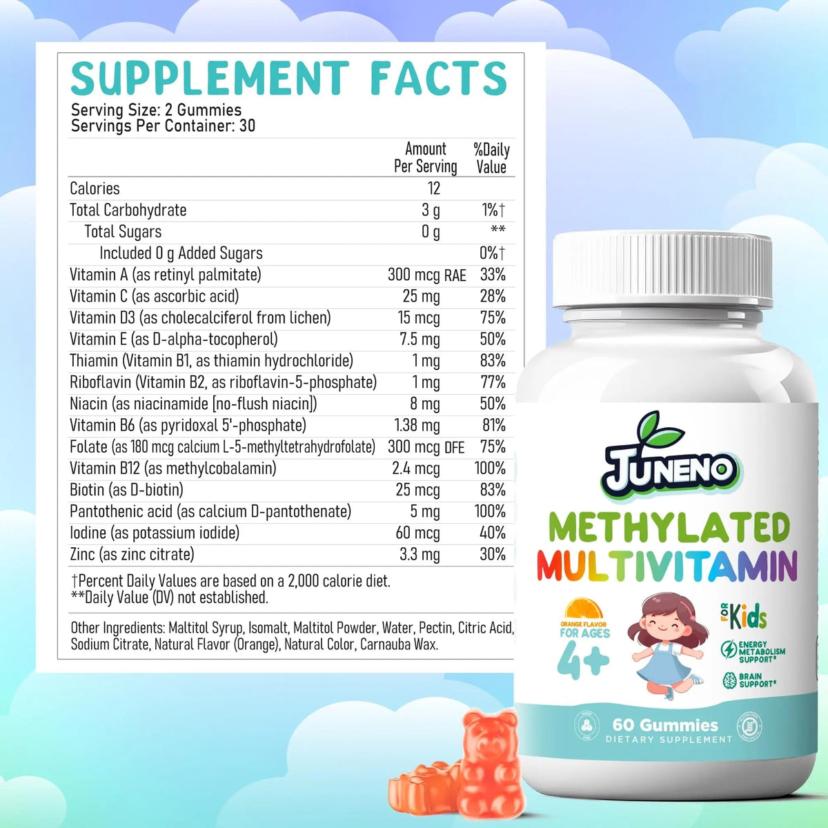 Juneno Methylated Multivitamin Gummies for Kids - MTHFR Support Supplement with B Complex 5-MTHF Folate (L-Methylfolate) - PrimeBioHealth - canada supplements