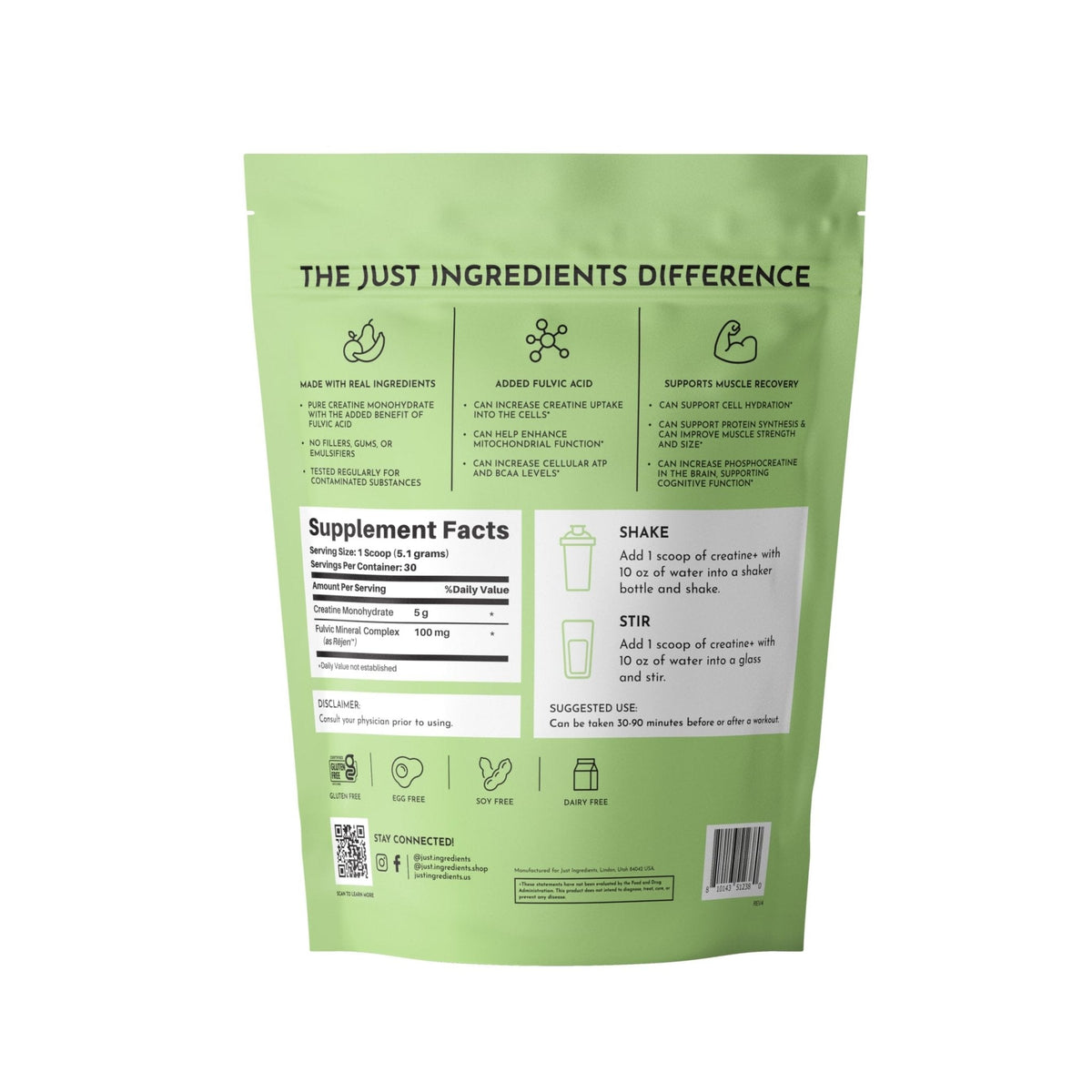 JUST INGREDIENTS Creatine Monohydrate Powder with Rejen Fulvic Mineral Complex - Supports Muscle Recovery, Energy, Strength, Cognitive Function - 30 Servings - PrimeBioHealth - canada supplements