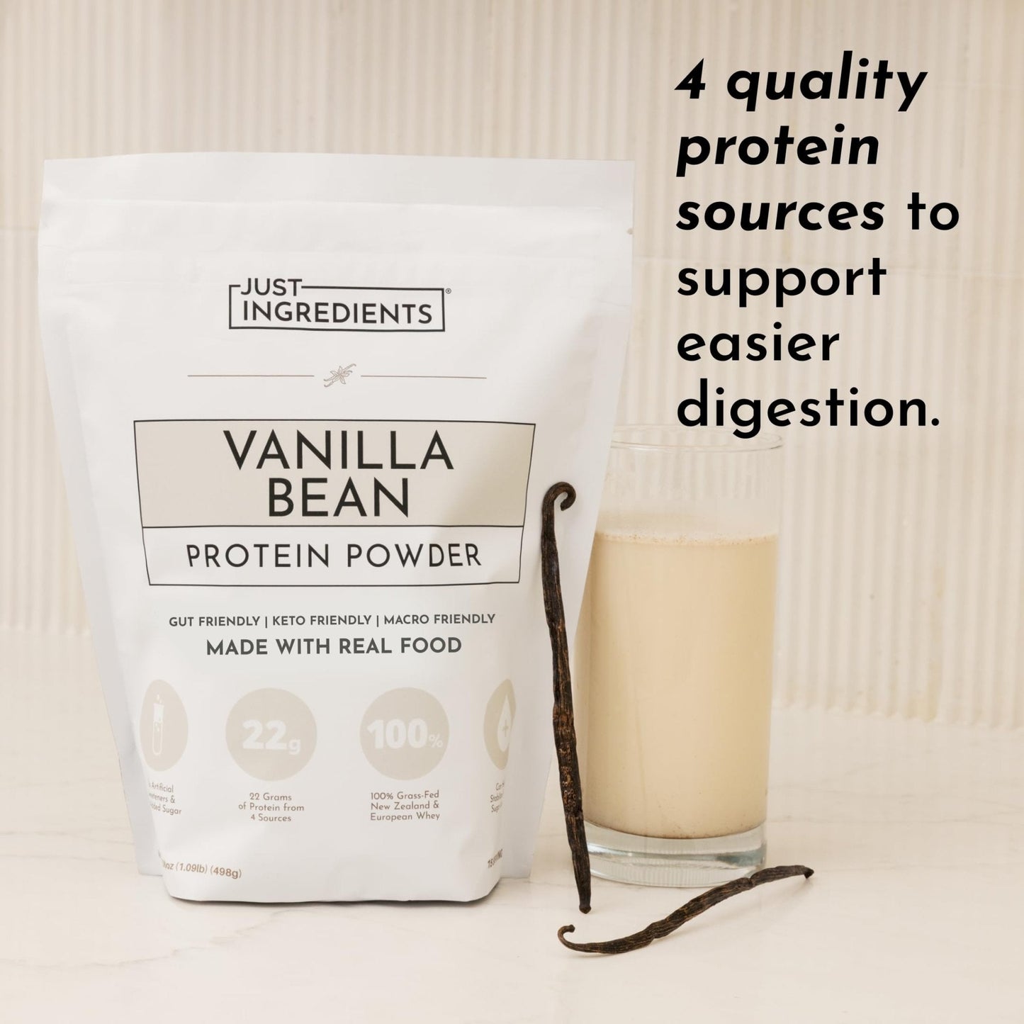 JUST INGREDIENTS Vanilla Protein Powder - Grass-Fed Whey Blend, Organic, Gluten Free, Dairy Free, Soy Free - 15 Servings, 22g Protein - PrimeBioHealth - canada supplements