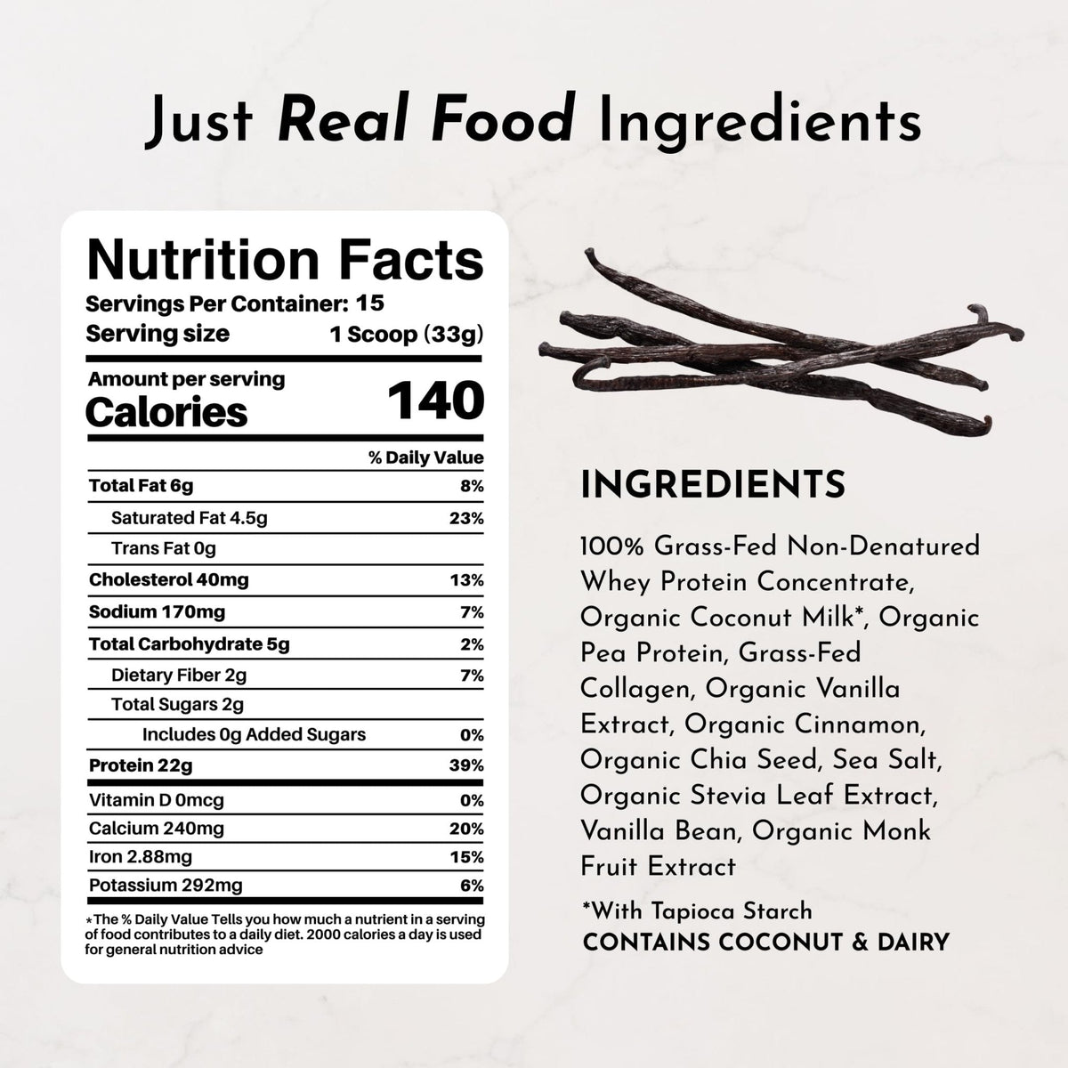 JUST INGREDIENTS Vanilla Protein Powder - Grass-Fed Whey Blend, Organic, Gluten Free, Dairy Free, Soy Free - 15 Servings, 22g Protein - PrimeBioHealth - canada supplements