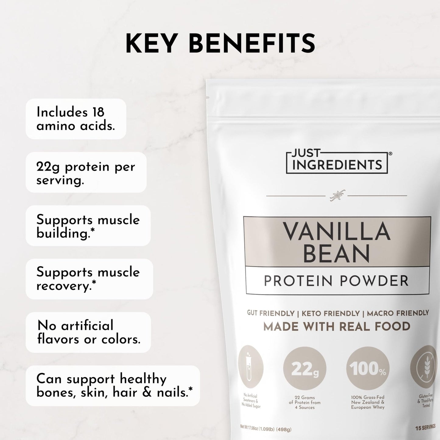 JUST INGREDIENTS Vanilla Protein Powder - Grass-Fed Whey Blend, Organic, Gluten Free, Dairy Free, Soy Free - 15 Servings, 22g Protein - PrimeBioHealth - canada supplements