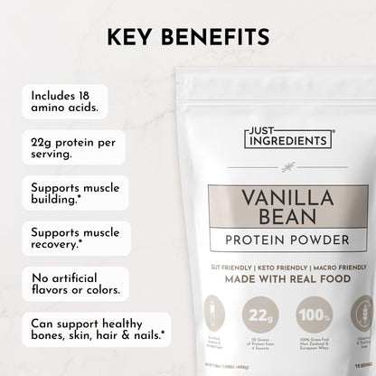 JUST INGREDIENTS Vanilla Protein Powder - Grass-Fed Whey Blend, Organic, Gluten Free, Dairy Free, Soy Free - 15 Servings, 22g Protein - PrimeBioHealth - canada supplements