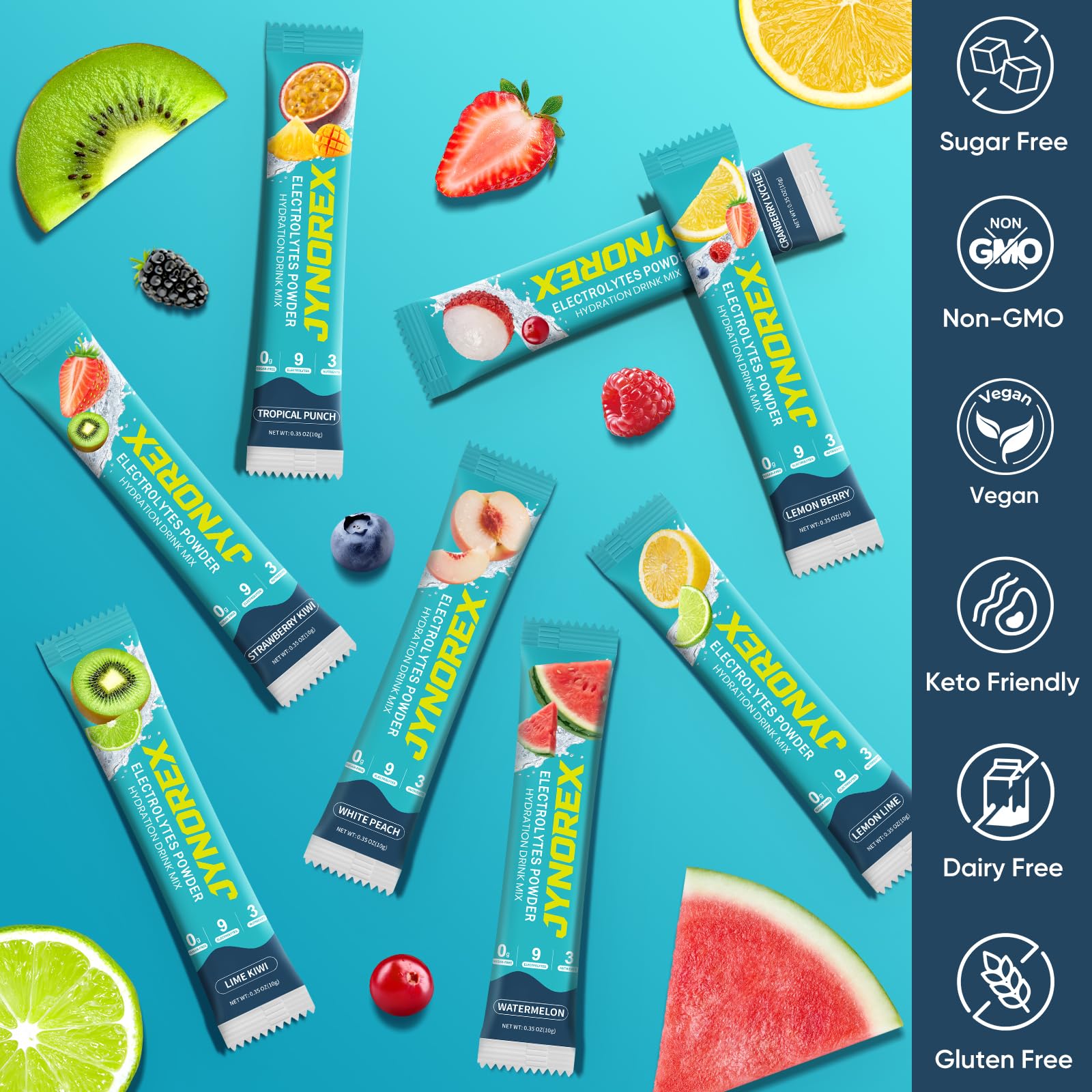 JYNOREX Electrolytes Powder Packets Sugar Free, 30 Sticks High Sodium Hydration Packets, Electrolyte Drink Mix with Lemon Lime Watermelon Peach Berry Kiwi - PrimeBioHealth - canada supplements