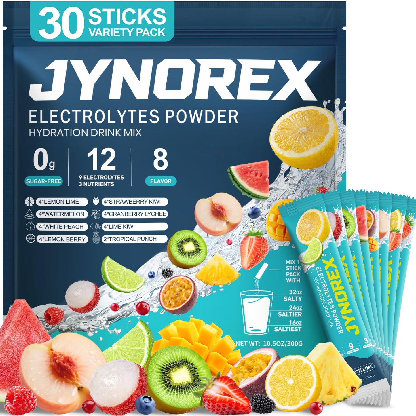 JYNOREX Electrolytes Powder Packets Sugar Free, 30 Sticks High Sodium Hydration Packets, Electrolyte Drink Mix with Lemon Lime Watermelon Peach Berry Kiwi - PrimeBioHealth - canada supplements