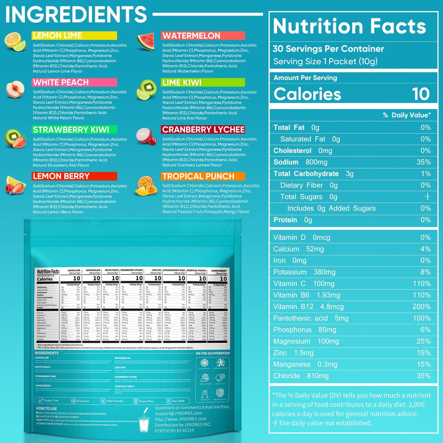 JYNOREX Electrolytes Powder Packets Sugar Free, 30 Sticks High Sodium Hydration Packets, Electrolyte Drink Mix with Lemon Lime Watermelon Peach Berry Kiwi - PrimeBioHealth - canada supplements