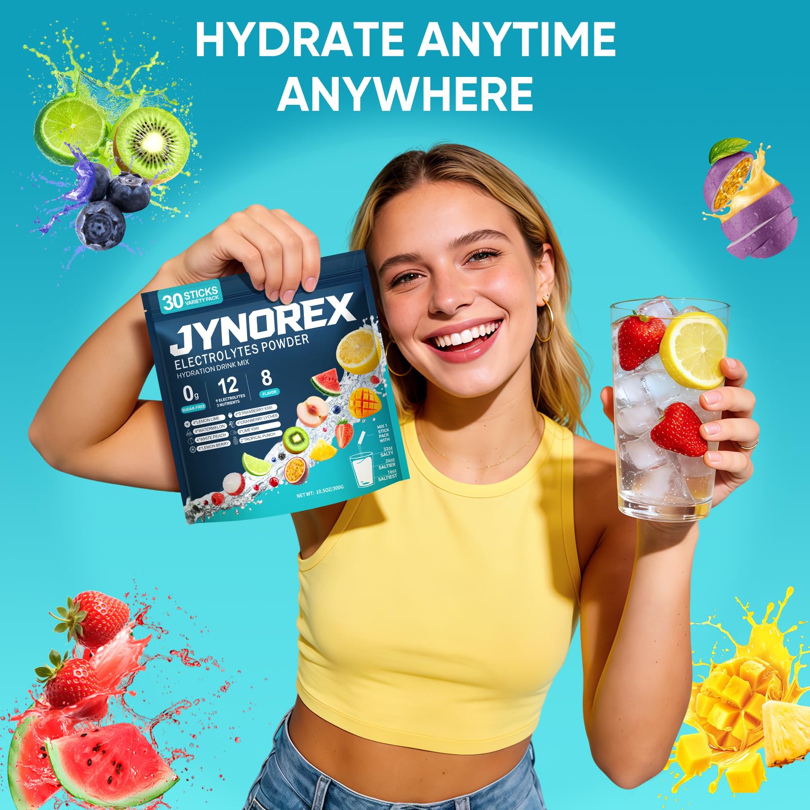 JYNOREX Electrolytes Powder Packets Sugar Free, 30 Sticks High Sodium Hydration Packets, Electrolyte Drink Mix with Lemon Lime Watermelon Peach Berry Kiwi - PrimeBioHealth - canada supplements