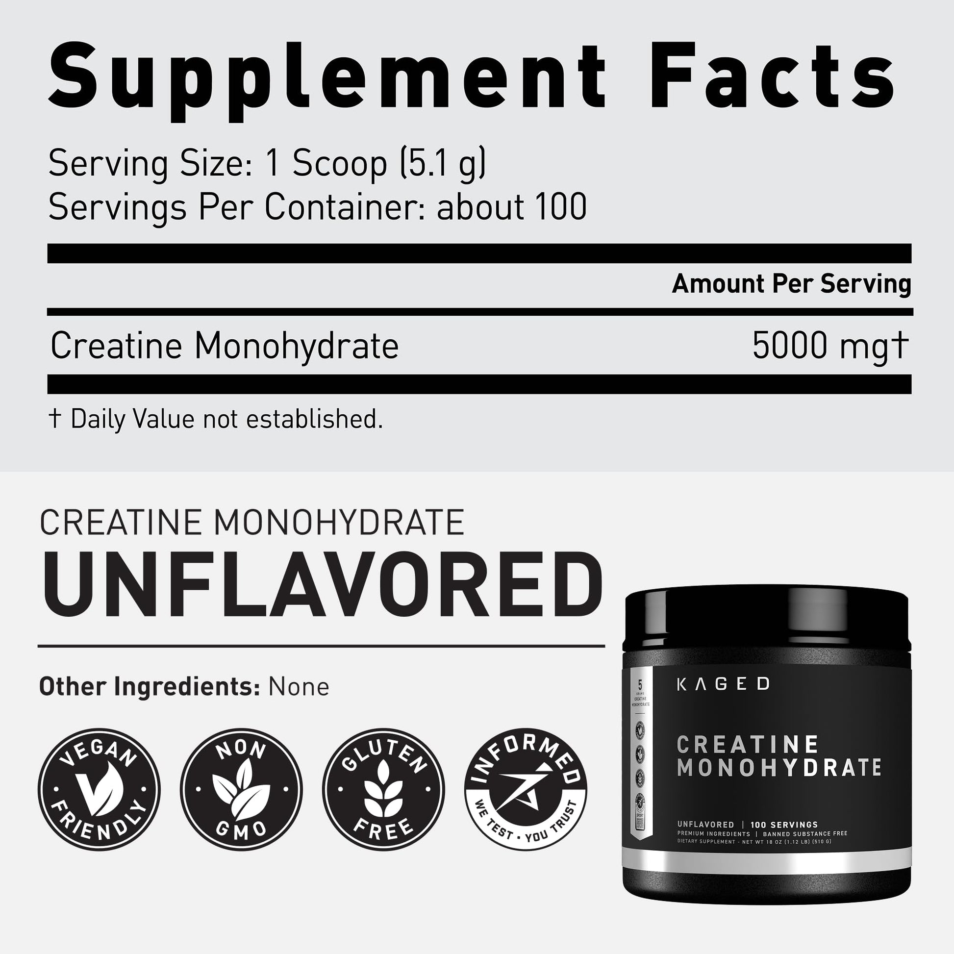 Kaged Creatine Monohydrate Micronized Powder | Unflavored | Muscle Building & Recovery | 5000 mg Per Serving | Vegan, Gluten Free, Easily Digestible - PrimeBioHealth - canada supplements