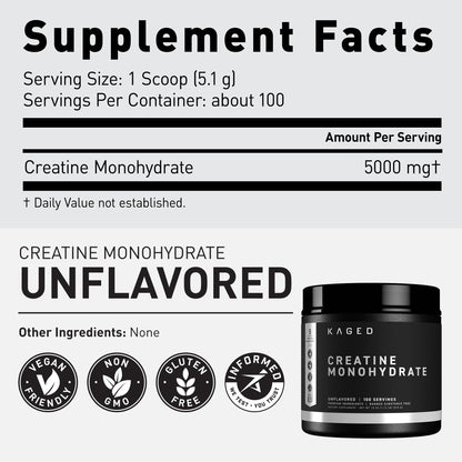 Kaged Creatine Monohydrate Micronized Powder | Unflavored | Muscle Building & Recovery | 5000 mg Per Serving | Vegan, Gluten Free, Easily Digestible - PrimeBioHealth - canada supplements