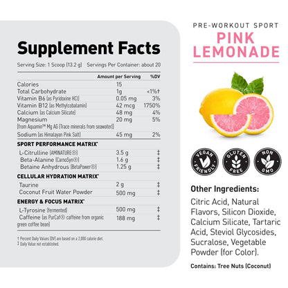 Kaged Sport Pre Workout Powder for Men & Women, Pink Lemonade, Sport Certified, 188mg Caffeine, Nitric Oxide, Beta Alanine, 20 Servings - PrimeBioHealth - canada supplements