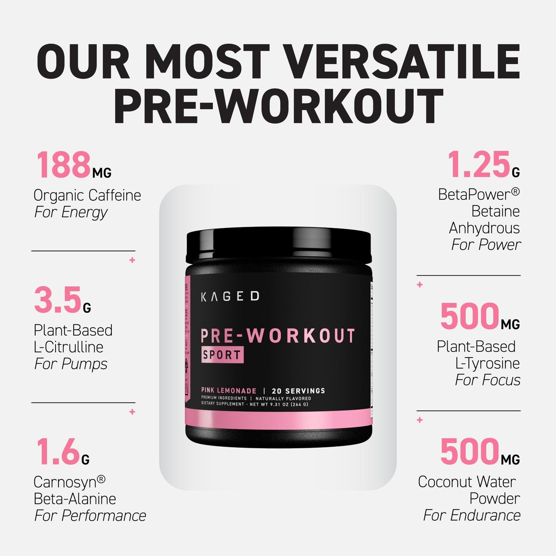 Kaged Sport Pre Workout Powder for Men & Women, Pink Lemonade, Sport Certified, 188mg Caffeine, Nitric Oxide, Beta Alanine, 20 Servings - PrimeBioHealth - canada supplements