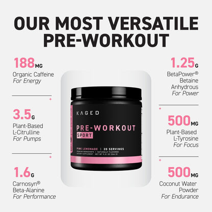 Kaged Sport Pre Workout Powder for Men & Women, Pink Lemonade, Sport Certified, 188mg Caffeine, Nitric Oxide, Beta Alanine, 20 Servings - PrimeBioHealth - canada supplements