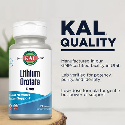 KAL Lithium Orotate 5 milligrams | Low Serving Of Chelated Lithium Orotate For Bioavailability and Mood Support | In Organic Rice Bran Extract Base | 120 VegCaps - PrimeBioHealth - canada supplements