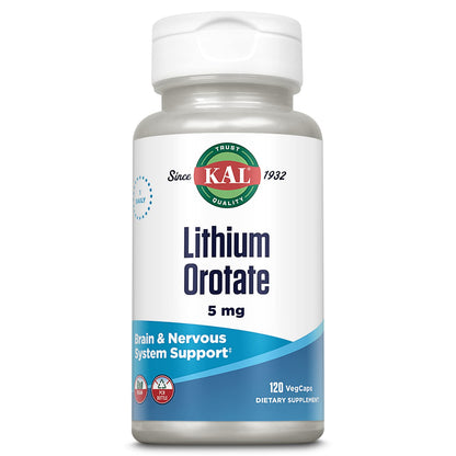 KAL Lithium Orotate 5 milligrams | Low Serving Of Chelated Lithium Orotate For Bioavailability and Mood Support | In Organic Rice Bran Extract Base | 120 VegCaps - PrimeBioHealth - canada supplements