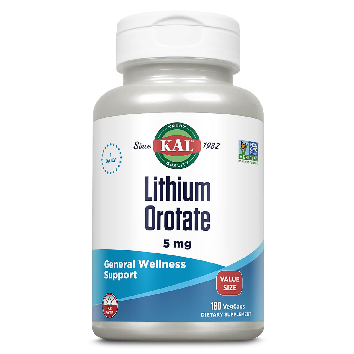 KAL Lithium Orotate 5mg, Low Dose Lithium Supplement for General Wellness Mood Support, Highly Bioavailable, Vegan, 60-Day Guarantee, 180 Servings, 180 VegCaps - PrimeBioHealth - canada supplements