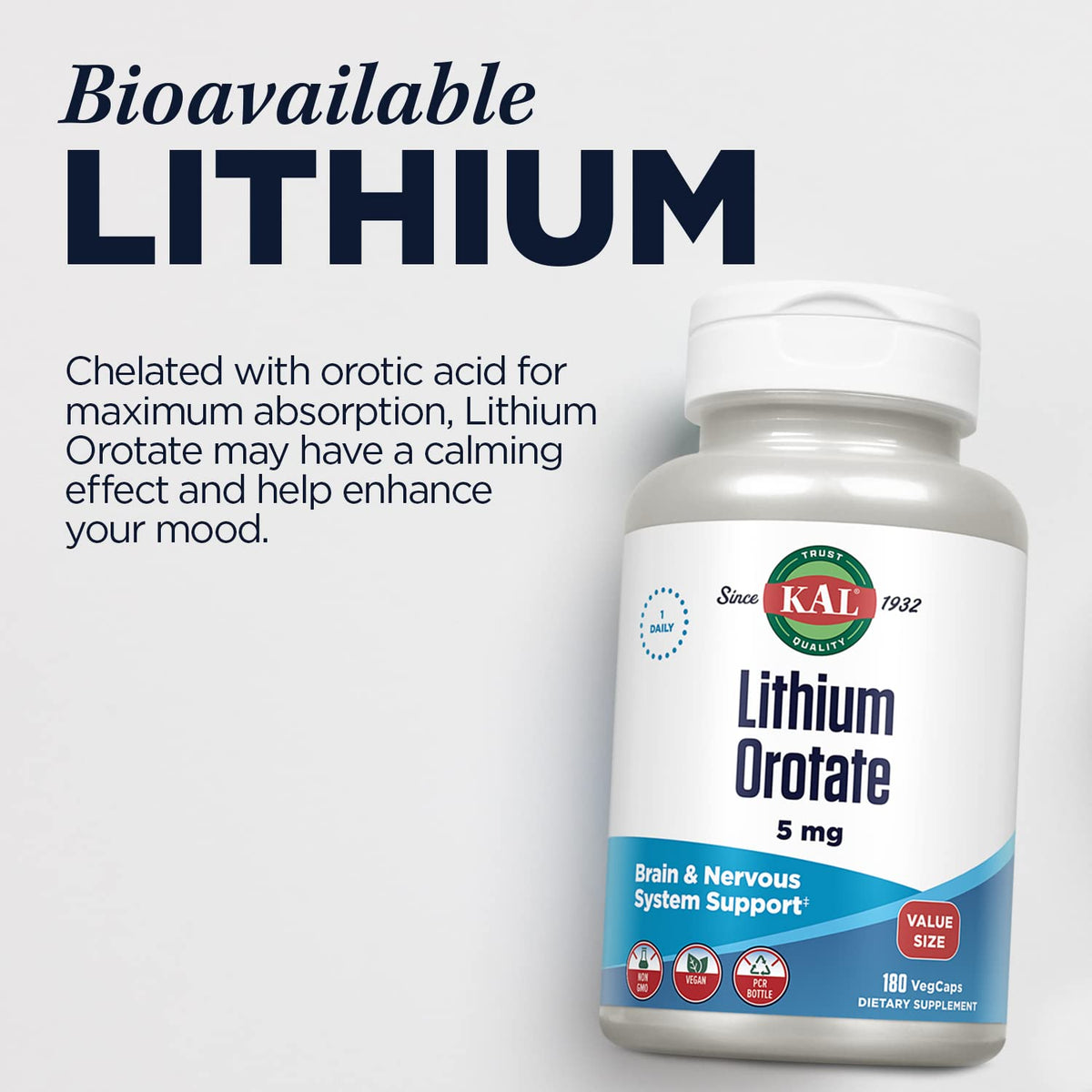 KAL Lithium Orotate 5mg, Low Dose Lithium Supplement for General Wellness Mood Support, Highly Bioavailable, Vegan, 60-Day Guarantee, 180 Servings, 180 VegCaps - PrimeBioHealth - canada supplements
