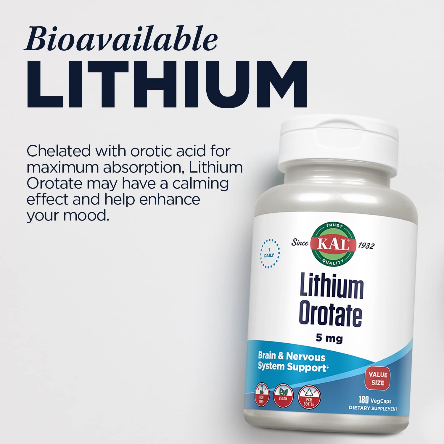 KAL Lithium Orotate 5mg, Low Dose Lithium Supplement for General Wellness Mood Support, Highly Bioavailable, Vegan, 60-Day Guarantee, 180 Servings, 180 VegCaps - PrimeBioHealth - canada supplements