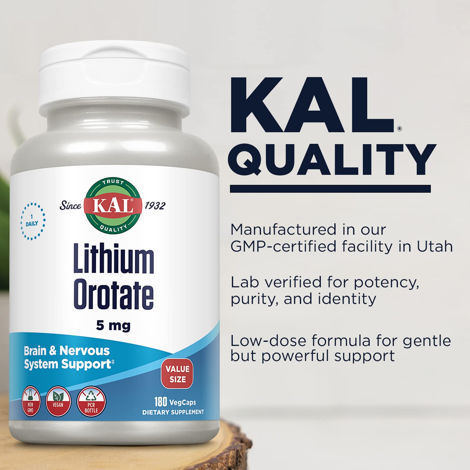 KAL Lithium Orotate 5mg, Low Dose Lithium Supplement for General Wellness Mood Support, Highly Bioavailable, Vegan, 60-Day Guarantee, 180 Servings, 180 VegCaps - PrimeBioHealth - canada supplements