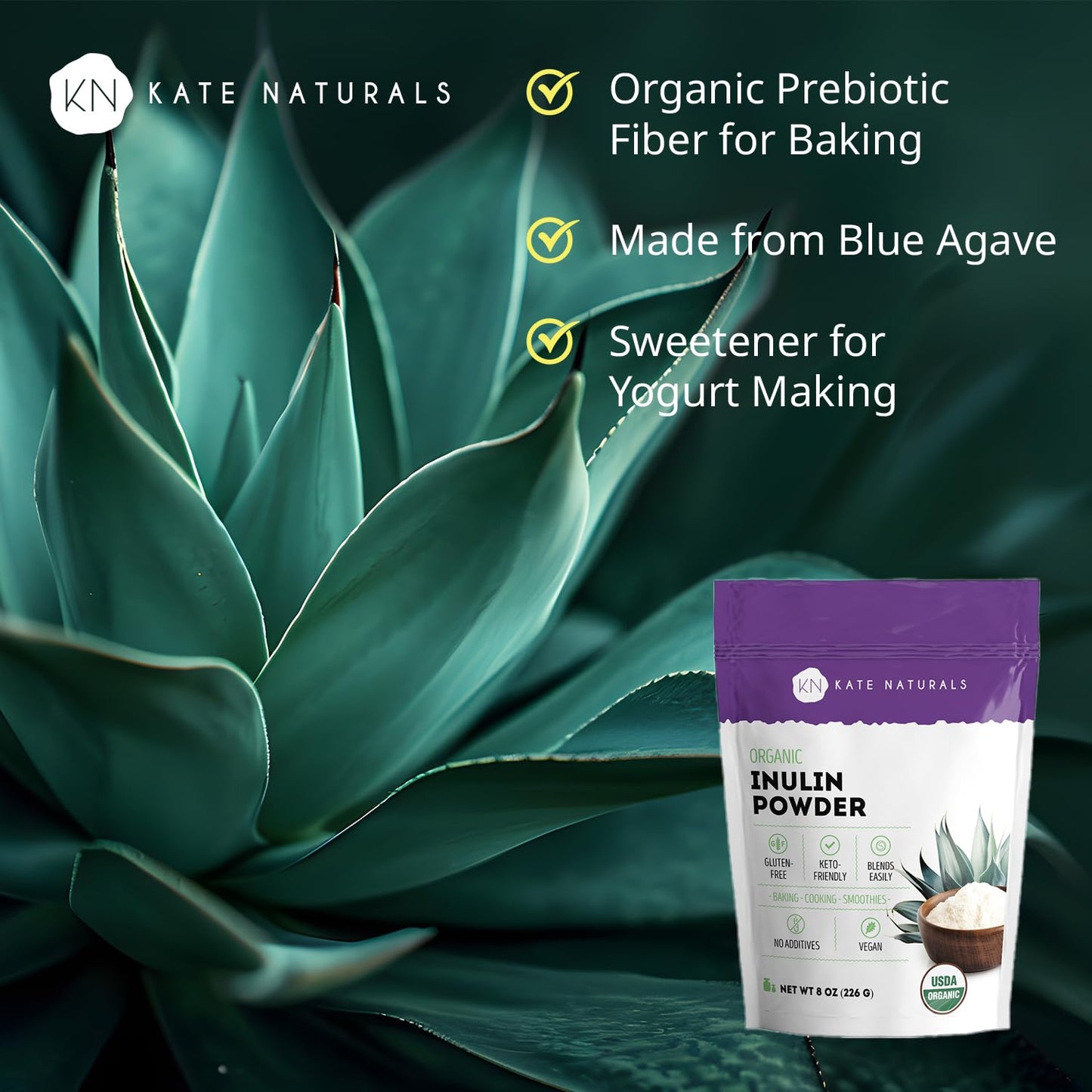 Kate Naturals Inulin Powder Organic from Blue Agave (8oz) Soluble Prebiotic Fiber for Coffee, Yogurt & Smoothies - PrimeBioHealth - canada supplements
