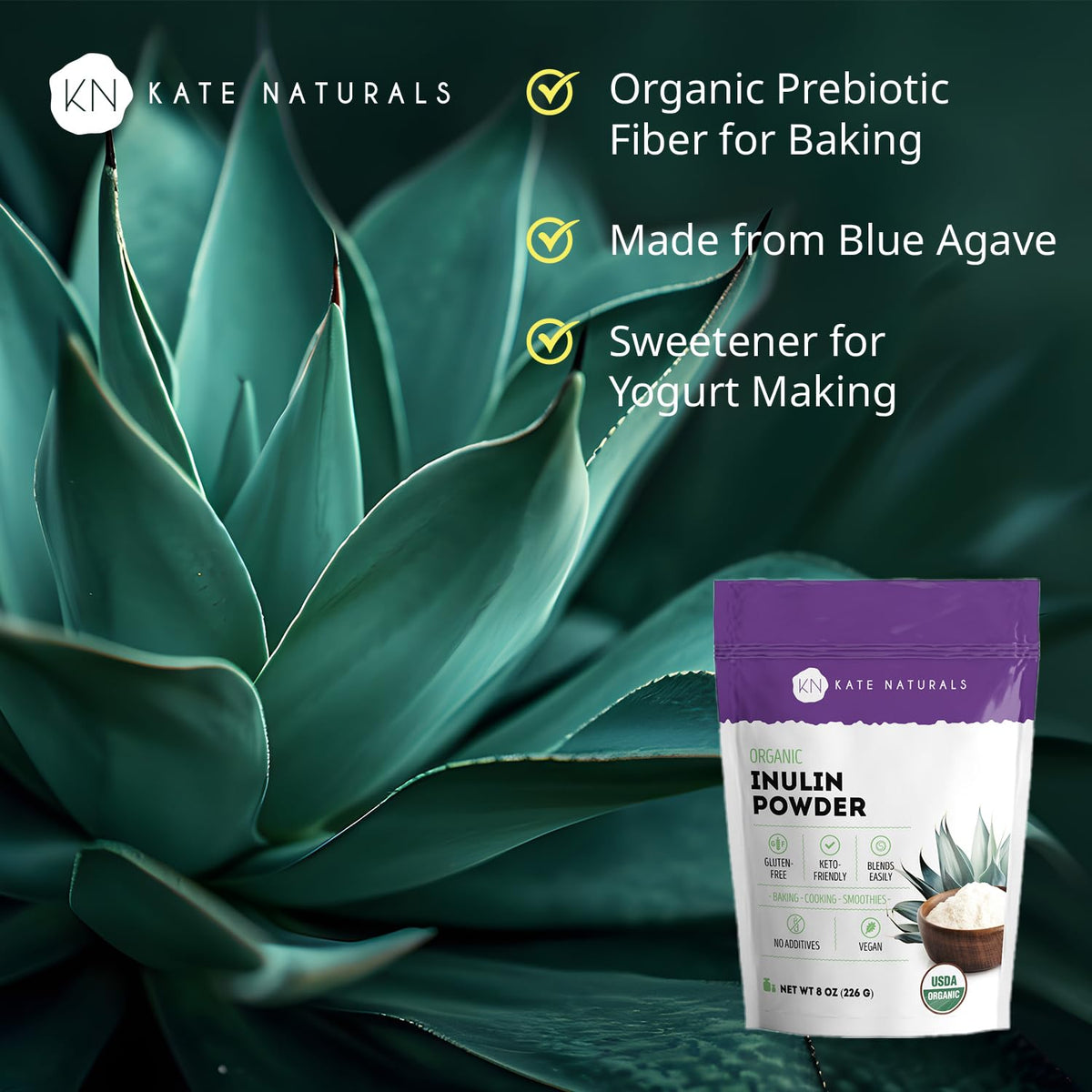 Kate Naturals Inulin Powder Organic from Blue Agave (8oz) Soluble Prebiotic Fiber for Coffee, Yogurt & Smoothies - PrimeBioHealth - canada supplements