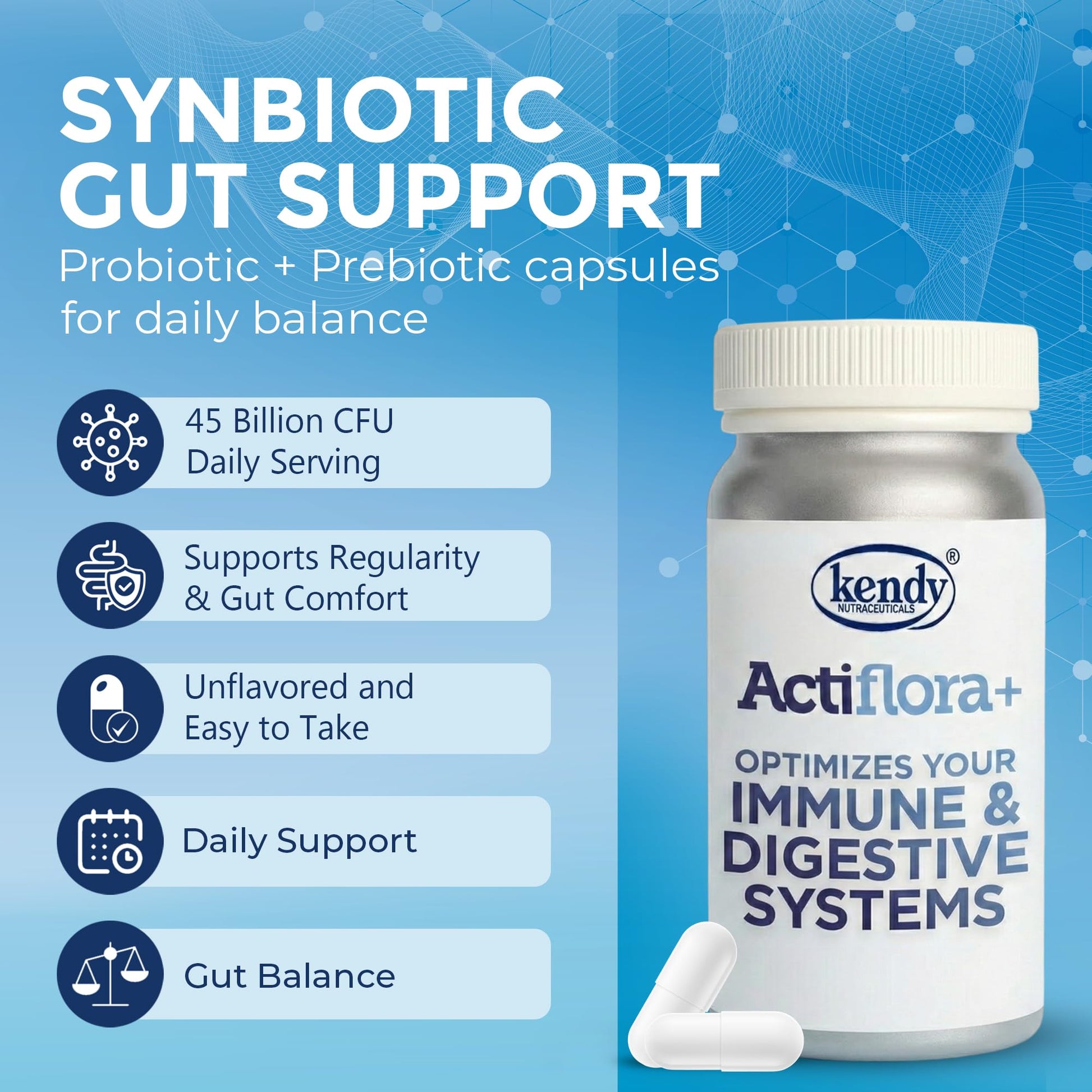 Kendy Actiflora Probiotic + Prebiotic & Synbiotic Capsules – Advanced Formula w/L. bulgaricus for Digestive Health & Gut Balance – 45-Billion CFU Daily Supplement - PrimeBioHealth - canada supplements