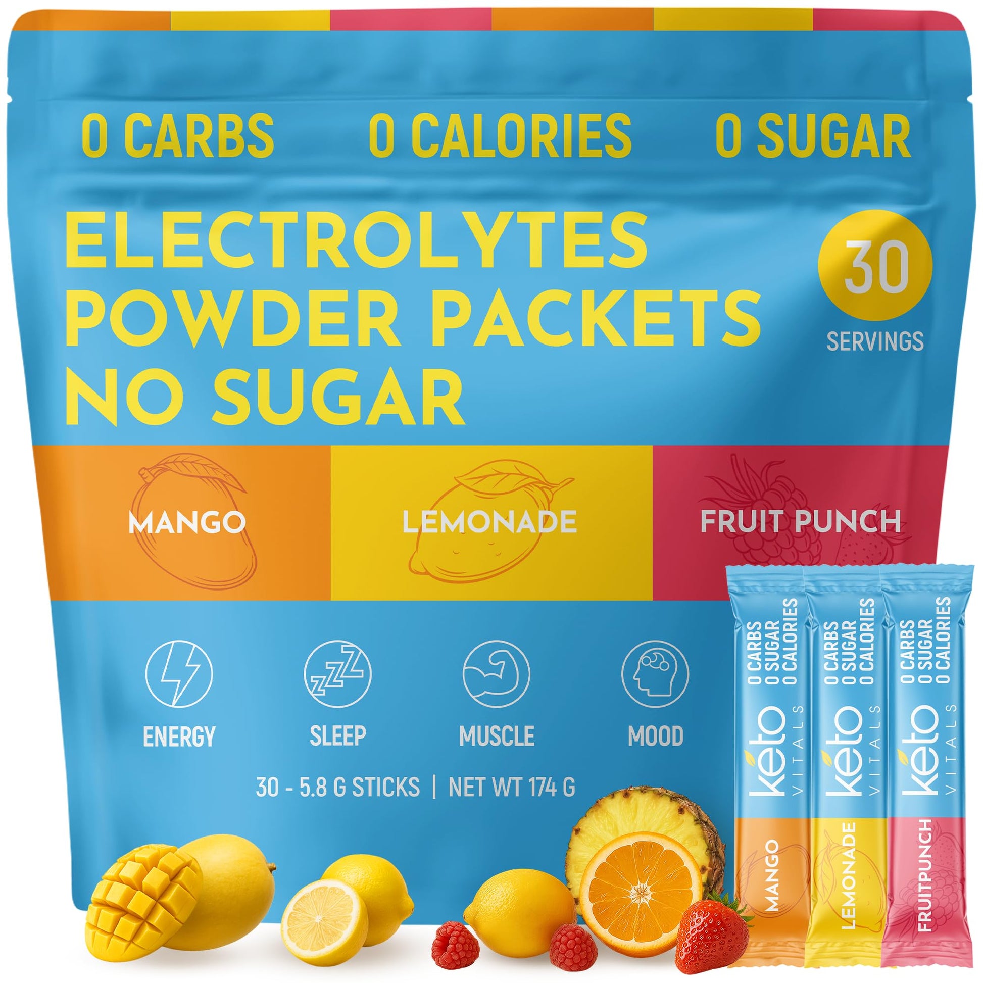 Keto Vitals Original Electrolytes Powder Packets | Keto Friendly Electrolyte Hydration Packs | Sugar Free Electrolytes | Energy Drink Mix | Zero Calorie Zero Carb (Original Assorted, 30 Count) - PrimeBioHealth - canada supplements