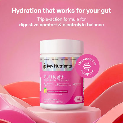 KEY NUTRIENTS Gut Health Hydration – Passionfruit Lemonade, Fiber Supplement with 3g Prebiotic Fiber & Akkermansia Probiotics for Women and Men - PrimeBioHealth - canada supplements