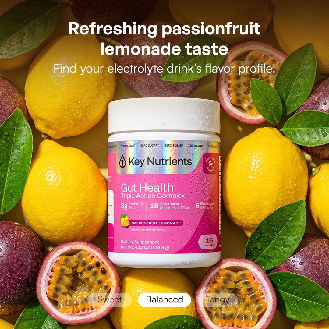 KEY NUTRIENTS Gut Health Hydration – Passionfruit Lemonade, Fiber Supplement with 3g Prebiotic Fiber & Akkermansia Probiotics for Women and Men - PrimeBioHealth - canada supplements