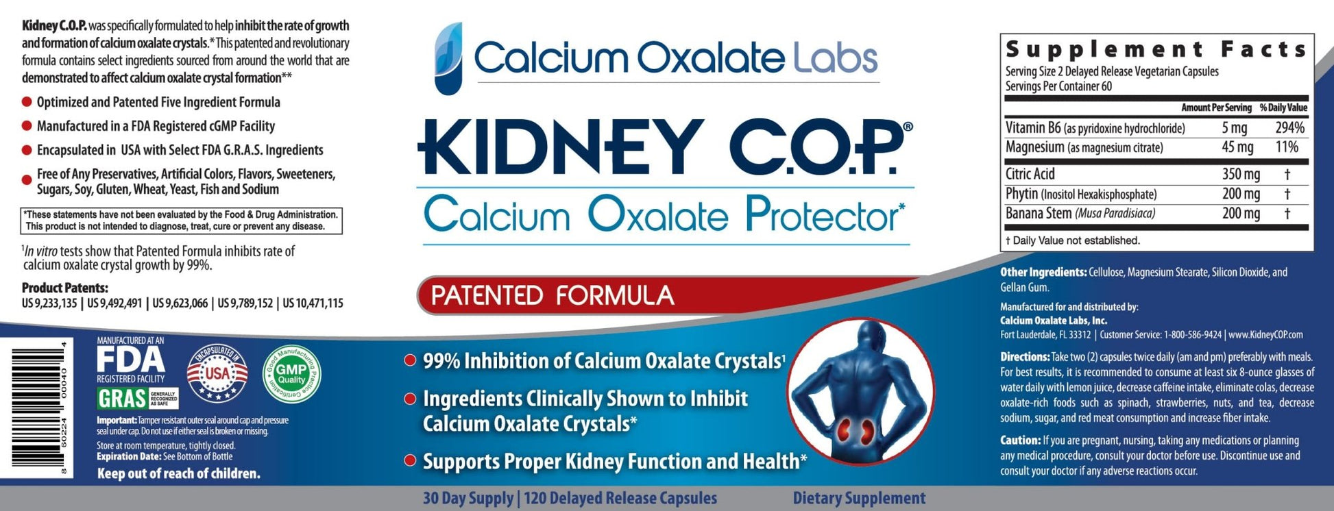 KIDNEY C.O.P. Calcium Oxalate Protector 120 Capsules, Patented Kidney Support for Calcium Oxalate Crystals, Stop Recurrence - PrimeBioHealth - canada supplements