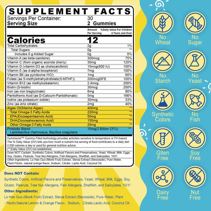 Kids Multivitamin Gummies with Iron, Sugar Free, Kids Daily Vitamins + Probiotics, Algae Omega 3 (EPA/DHA), A, C, D, Methyl B12, Folate, B6, Zinc, Biotin, for Healthy Growth, Immune Support, 60 Count - PrimeBioHealth - canada supplements