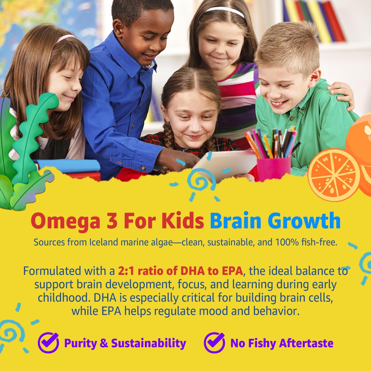 Kids Multivitamin Gummies with Iron, Sugar Free, Kids Daily Vitamins + Probiotics, Algae Omega 3 (EPA/DHA), A, C, D, Methyl B12, Folate, B6, Zinc, Biotin, for Healthy Growth, Immune Support, 60 Count - PrimeBioHealth - canada supplements