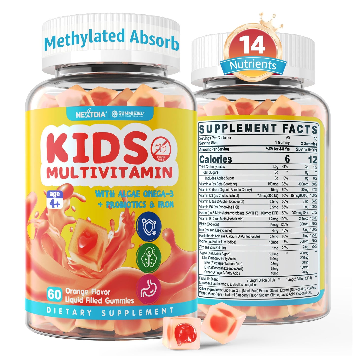 Kids Multivitamin Gummies with Iron, Sugar Free, Kids Daily Vitamins + Probiotics, Algae Omega 3 (EPA/DHA), A, C, D, Methyl B12, Folate, B6, Zinc, Biotin, for Healthy Growth, Immune Support, 60 Count - PrimeBioHealth - canada supplements