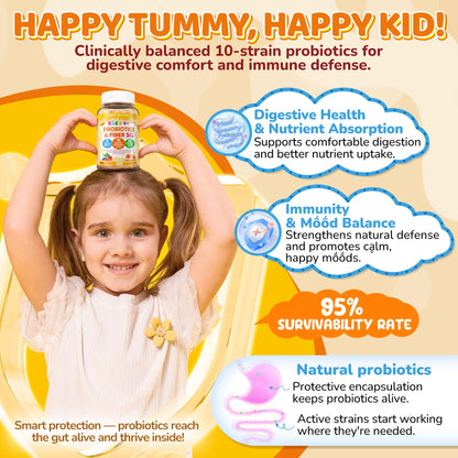 Kids Probiotic + Prebiotic Fiber Gummies 5G, 12 Billion CFU Probiotic & Veggie Fruit Fiber, w/ Organic Inulin, Methyl B12 B6 D3 C, Lutein for Children's Digestive & Gut, - PrimeBioHealth - canada supplements