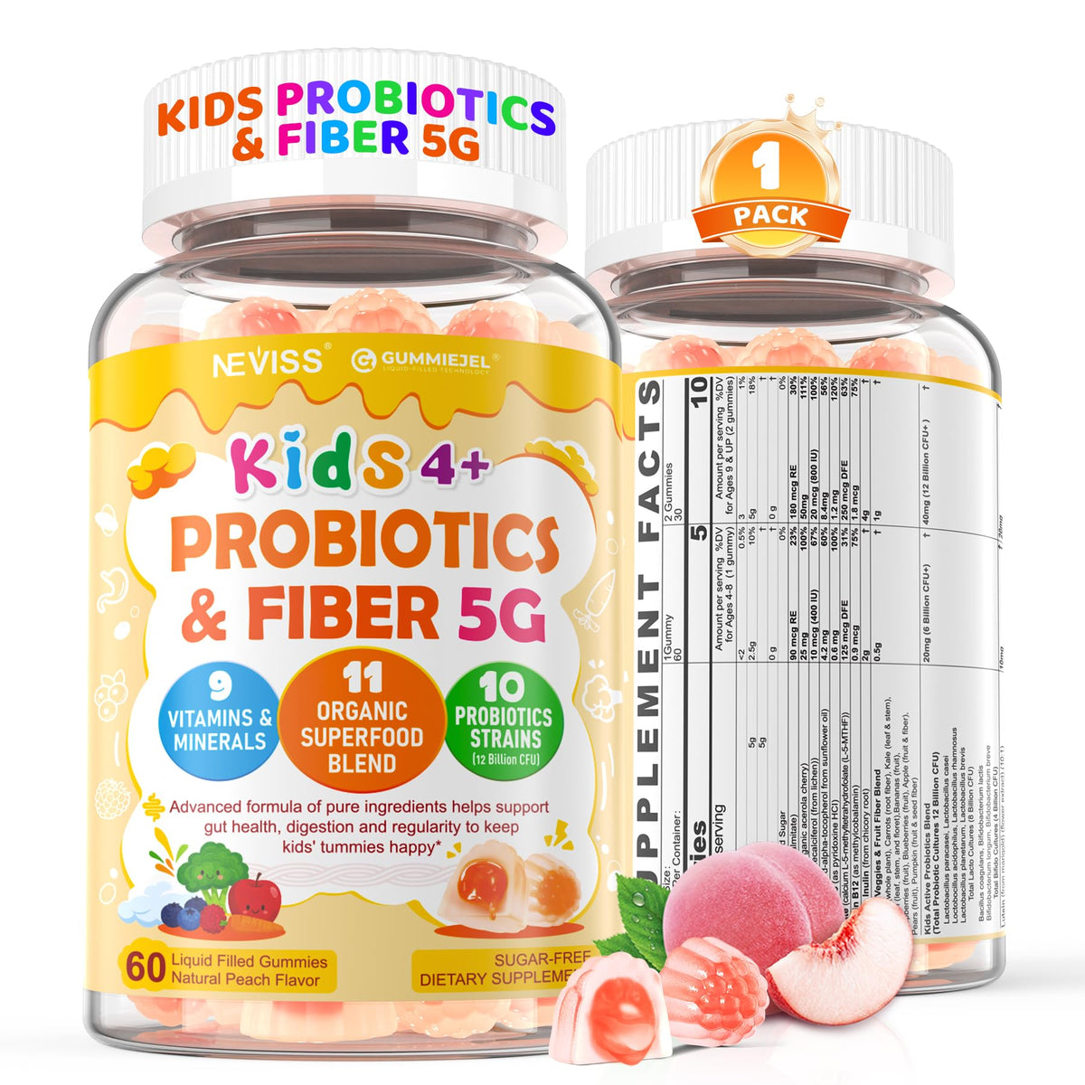 Kids Probiotic + Prebiotic Fiber Gummies 5G, 12 Billion CFU Probiotic & Veggie Fruit Fiber, w/ Organic Inulin, Methyl B12 B6 D3 C, Lutein for Children's Digestive & Gut, - PrimeBioHealth - canada supplements