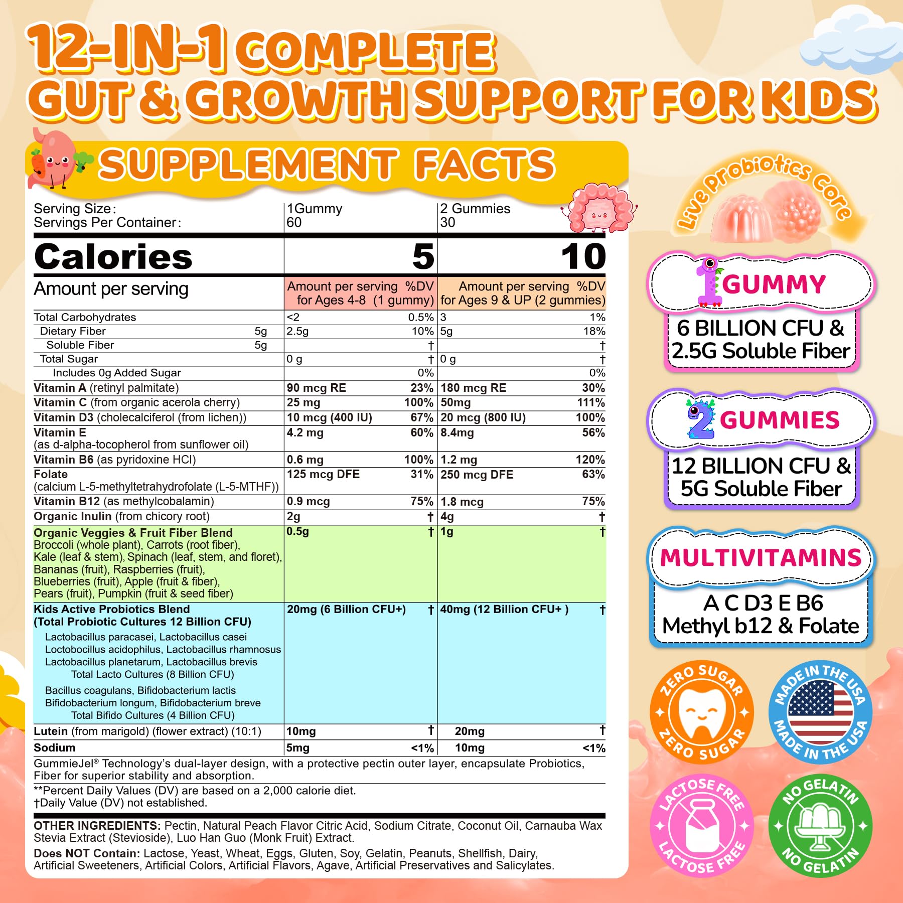 Kids Probiotic + Prebiotic Fiber Gummies 5G, 12 Billion CFU Probiotic & Veggie Fruit Fiber, w/ Organic Inulin, Methyl B12 B6 D3 C, Lutein for Children's Digestive & Gut, - PrimeBioHealth - canada supplements