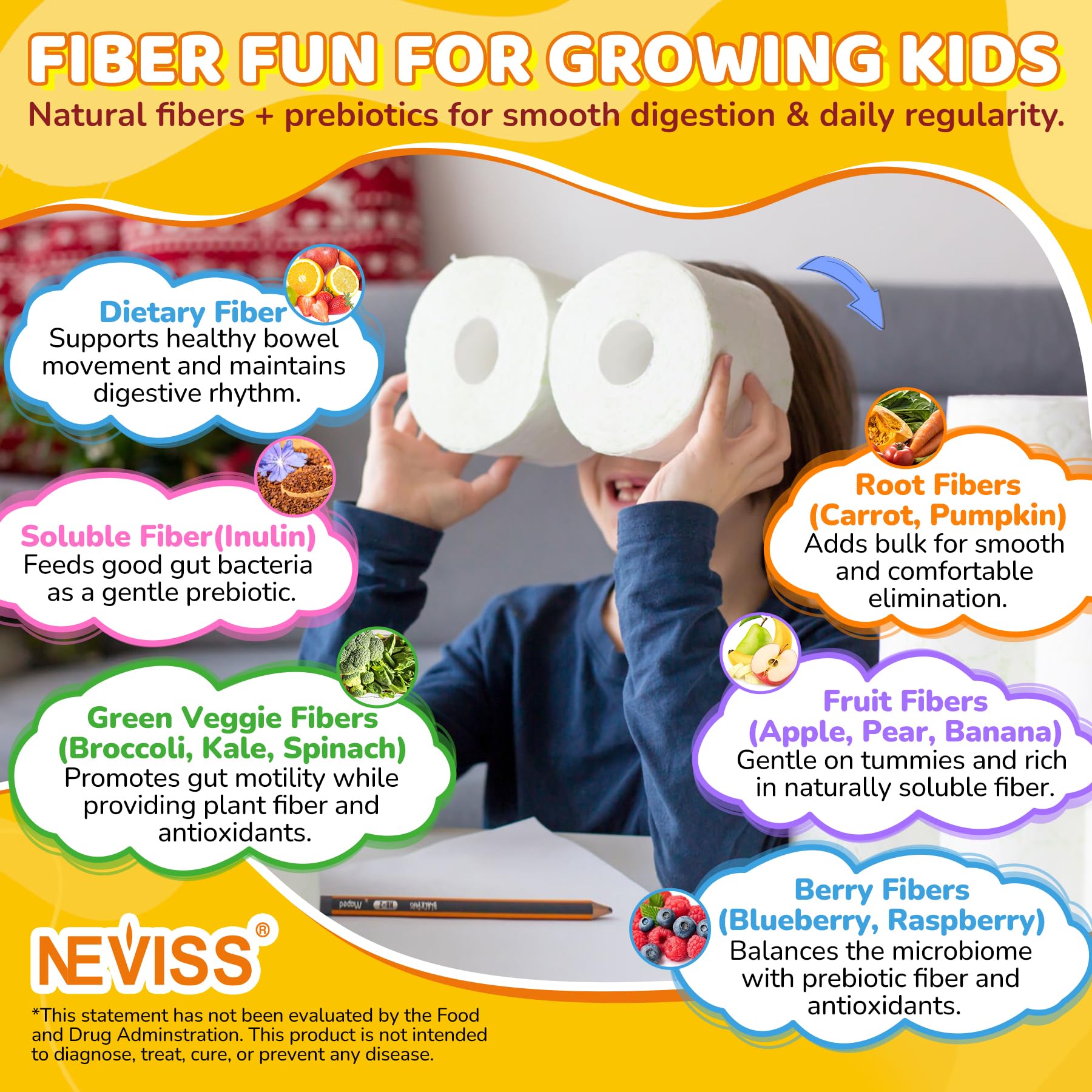 Kids Probiotic + Prebiotic Fiber Gummies 5G, 12 Billion CFU Probiotic & Veggie Fruit Fiber, w/ Organic Inulin, Methyl B12 B6 D3 C, Lutein for Children's Digestive & Gut, - PrimeBioHealth - canada supplements