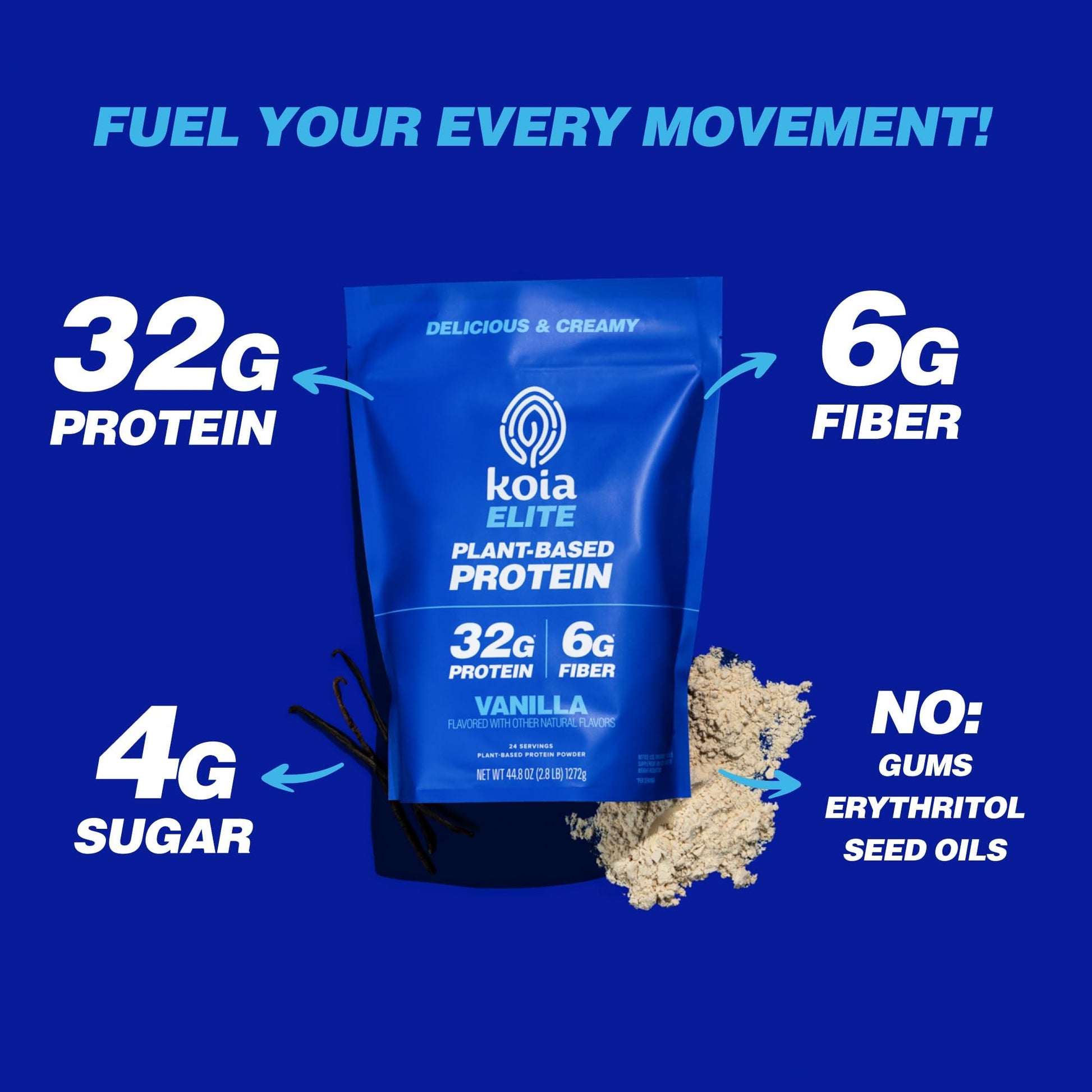 Koia Plant Based Protein Elite Powder, Vanilla, 32g Protein, 4g Sugar, 6g Prebiotic Fiber, Pre & Post Workout, 21 Vitamins & Minerals, Dairy-Free, Gluten-Free, Non-GMO, 24 Servings, 44.8 Oz - PrimeBioHealth - canada supplements