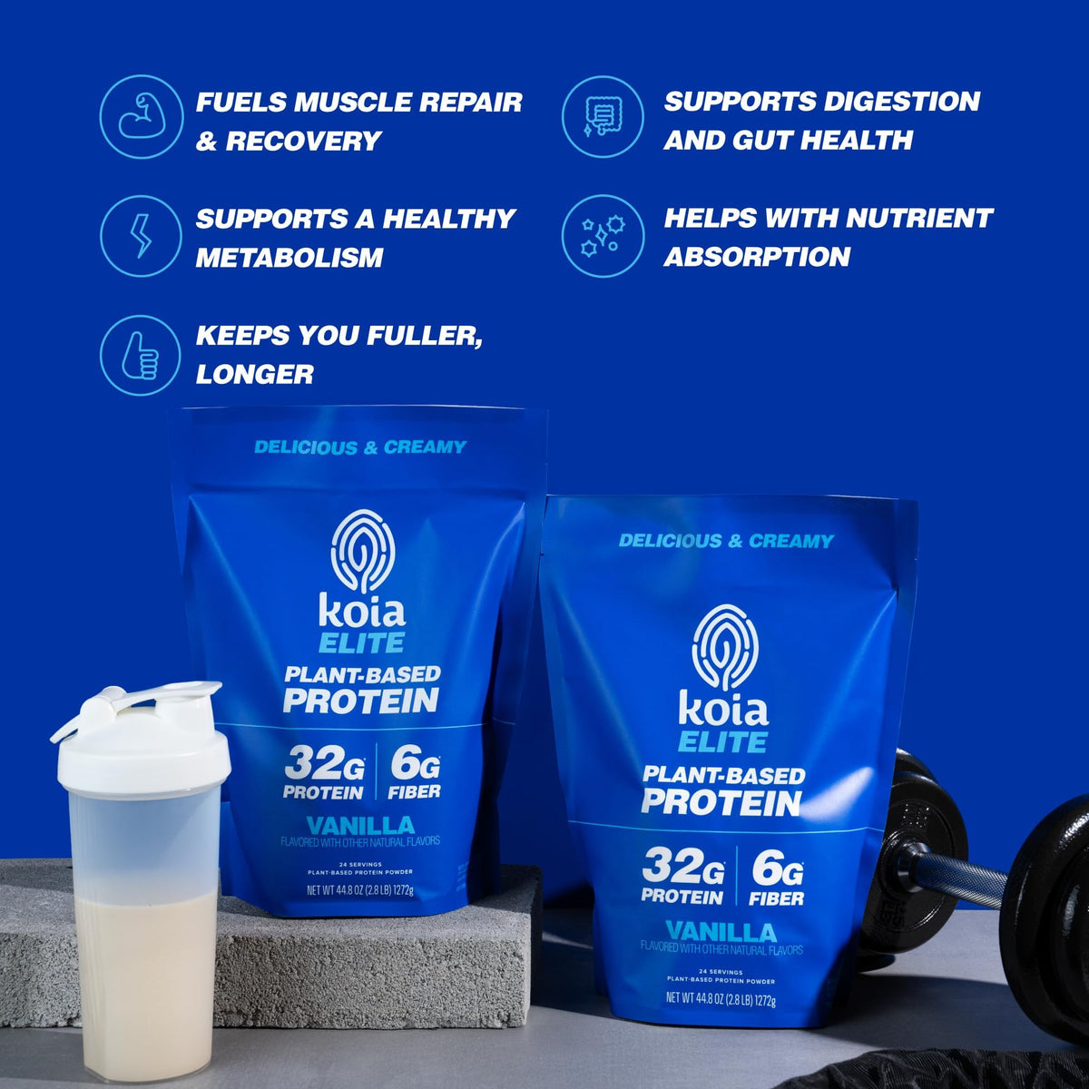 Koia Plant Based Protein Elite Powder, Vanilla, 32g Protein, 4g Sugar, 6g Prebiotic Fiber, Pre & Post Workout, 21 Vitamins & Minerals, Dairy-Free, Gluten-Free, Non-GMO, 24 Servings, 44.8 Oz - PrimeBioHealth - canada supplements