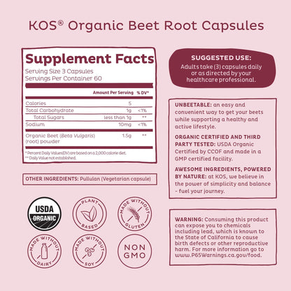 KOS Organic Beetroot Capsules 1500mg - USDA Organic, Antioxidant Power from Organic Beet Root Superfood, Supports Healthy & Active Lifestyle - Non-GMO, - PrimeBioHealth - canada supplements