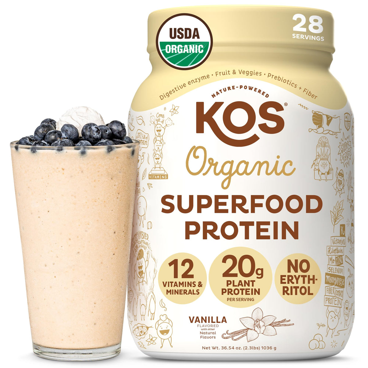 KOS Vegan Protein Powder Erythritol Free, Vanilla USDA Organic - Pea Protein Blend, Plant Based Superfood Rich in Vitamins & Minerals - Keto, Dairy Free - Meal Replacement for Women & Men, 28 Servings - PrimeBioHealth - canada supplements