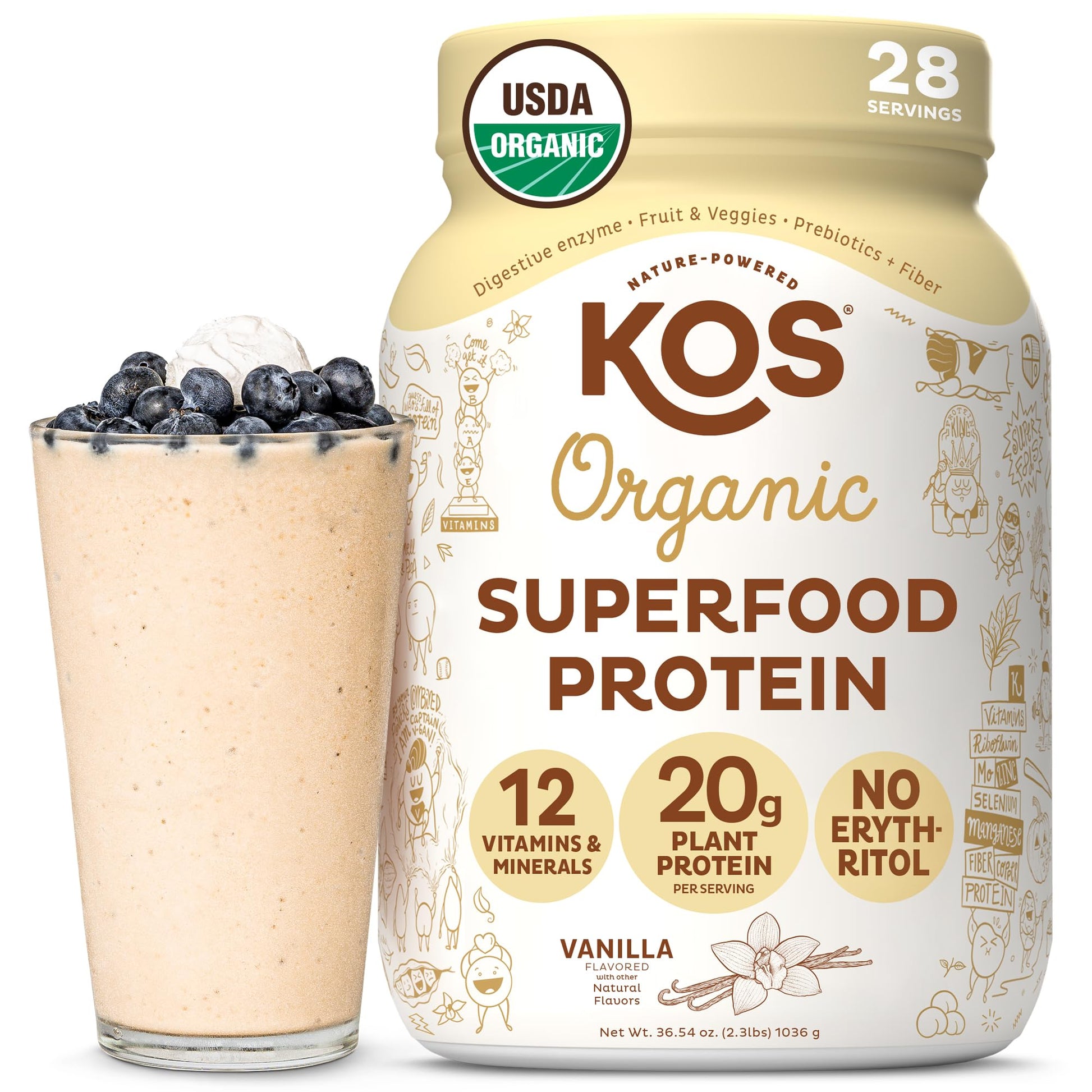 KOS Vegan Protein Powder Erythritol Free, Vanilla USDA Organic - Pea Protein Blend, Plant Based Superfood Rich in Vitamins & Minerals - Keto, Dairy Free - Meal Replacement for Women & Men, 28 Servings - PrimeBioHealth - canada supplements