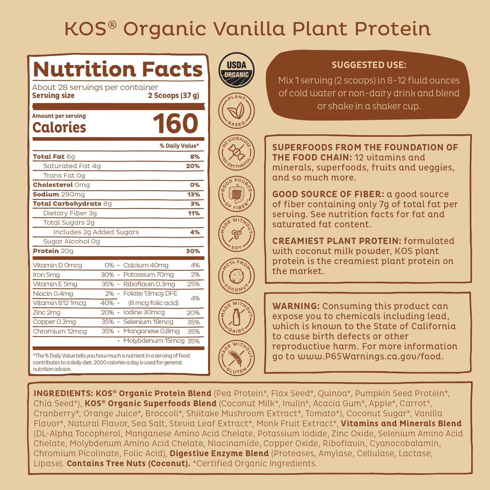 KOS Vegan Protein Powder Erythritol Free, Vanilla USDA Organic - Pea Protein Blend, Plant Based Superfood Rich in Vitamins & Minerals - Keto, Dairy Free - Meal Replacement for Women & Men, 28 Servings - PrimeBioHealth - canada supplements