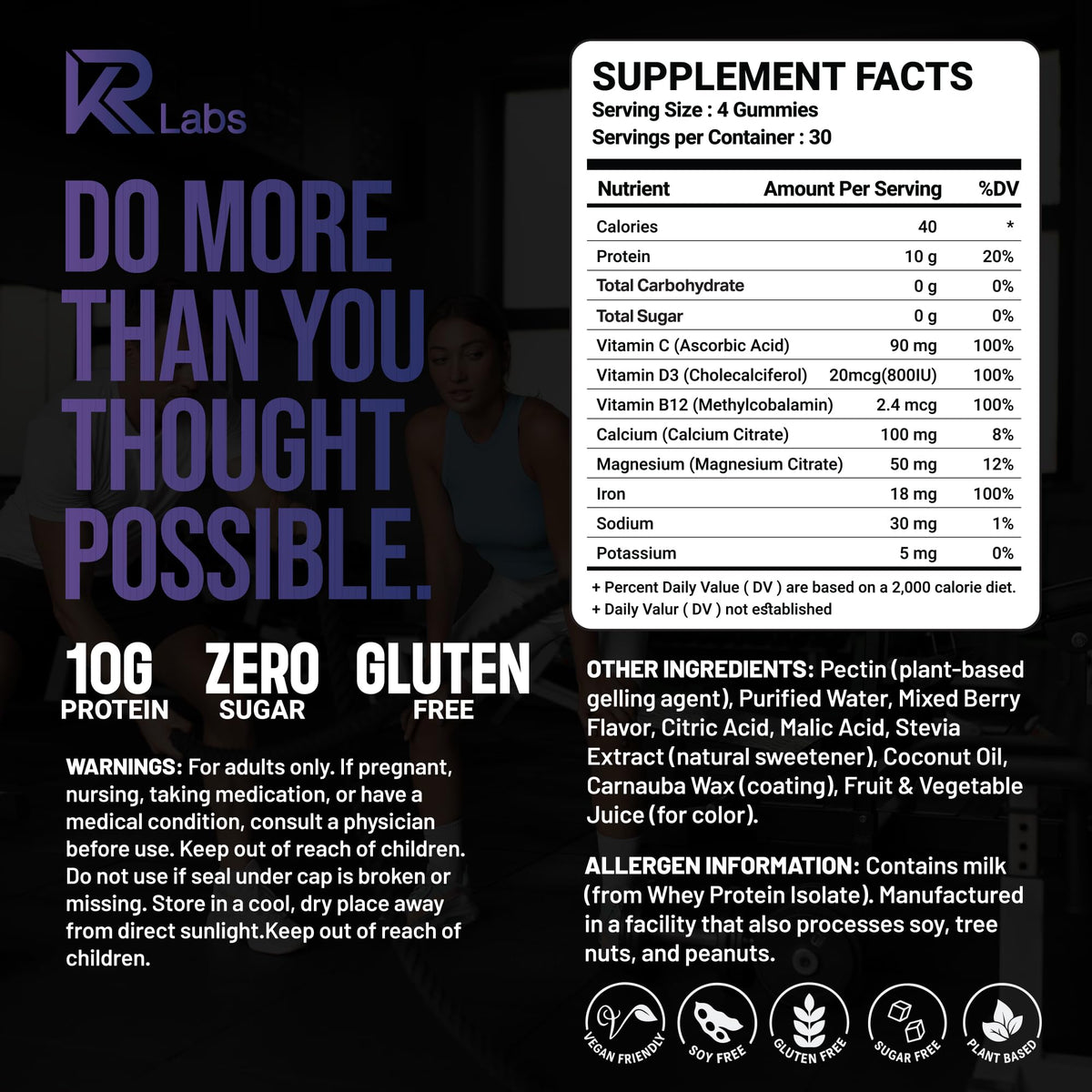 KR Labs Zero Carb 100% Pure Whey Isolate Protein Gummies | 300g Total Protein per Bag | 10g per Serving Plant Based with Vitamins for Men & Women - PrimeBioHealth - canada supplements