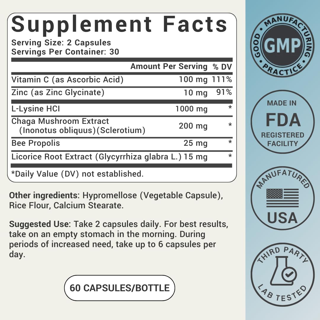 L-Lysine Cold Sore Treatment For Lips With Immune Support - L Lysine 1000mg Capsules, Chaga, Bee Propolis, Vitamin C, Zinc & Licorice Root Extract - Non-GMO, Vegetarian, - PrimeBioHealth - canada supplements