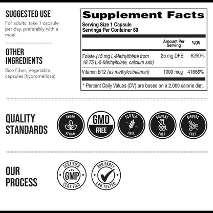 L Methyl Folate 15mg Plus Methyl B12 Cofactor – High Potency, Active 5-MTHF Form - Supports Mood, Methylation, Cognition – Bioactive Forms of Vitamin B9 & B12 (60 Capsules – 60 Servings) - PrimeBioHealth - canada supplements
