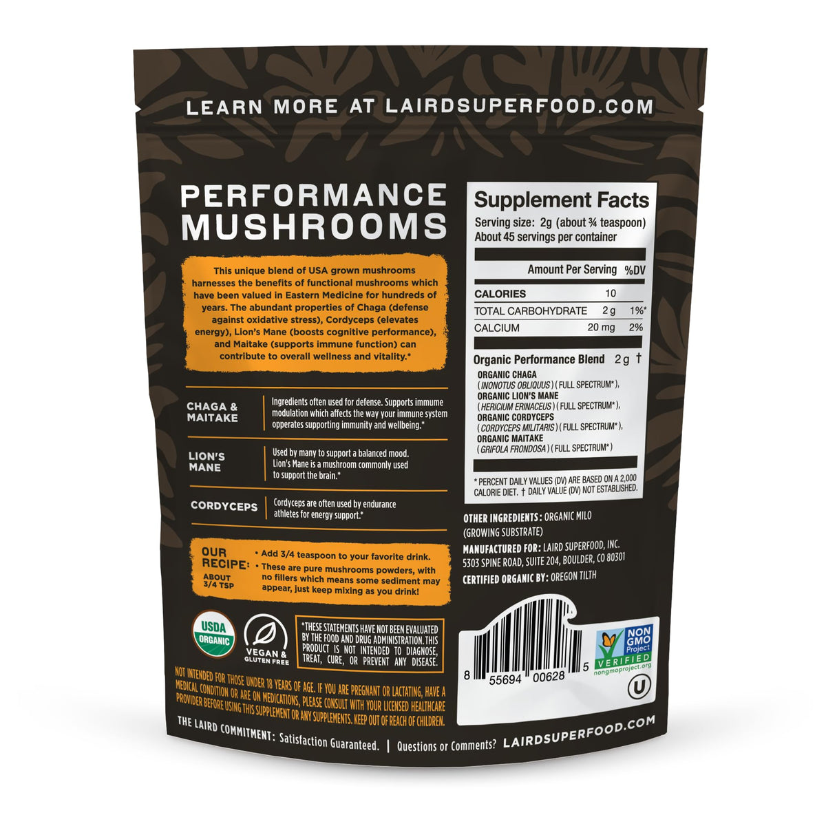 Laird Superfood Organic Performance Mushroom Blend with Chaga, Cordyceps, Lion's Mane and Maitake for Energy - PrimeBioHealth - canada supplements