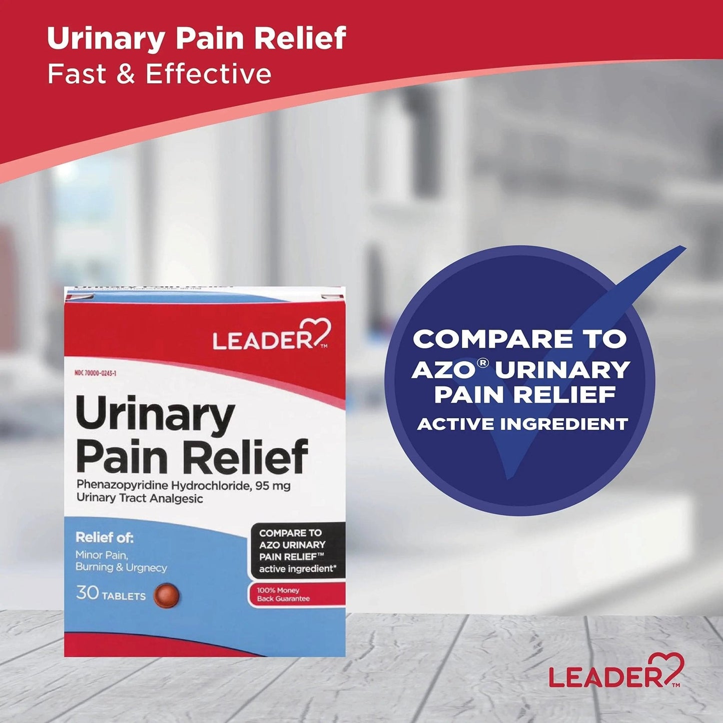 Leader Urinary Pain Relief Maximum Strength, Urinary Tract Analgesic, Relieves Burning and Urgency, Phenazopyridine Hydrochloride 95 mg, for Adults, Both Men & Women, 30 Tablets - PrimeBioHealth - canada supplements
