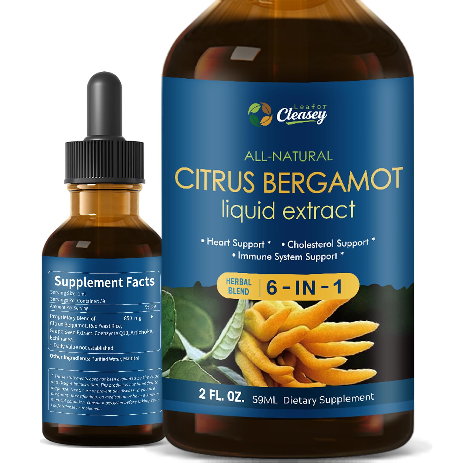 LeaforClensey Citrus Bergamot Liquid Drops for High Cholesterol, Bergamot Extract Blend Supplements with Red Yeast Rice & CoQ10 for Heart - PrimeBioHealth - canada supplements