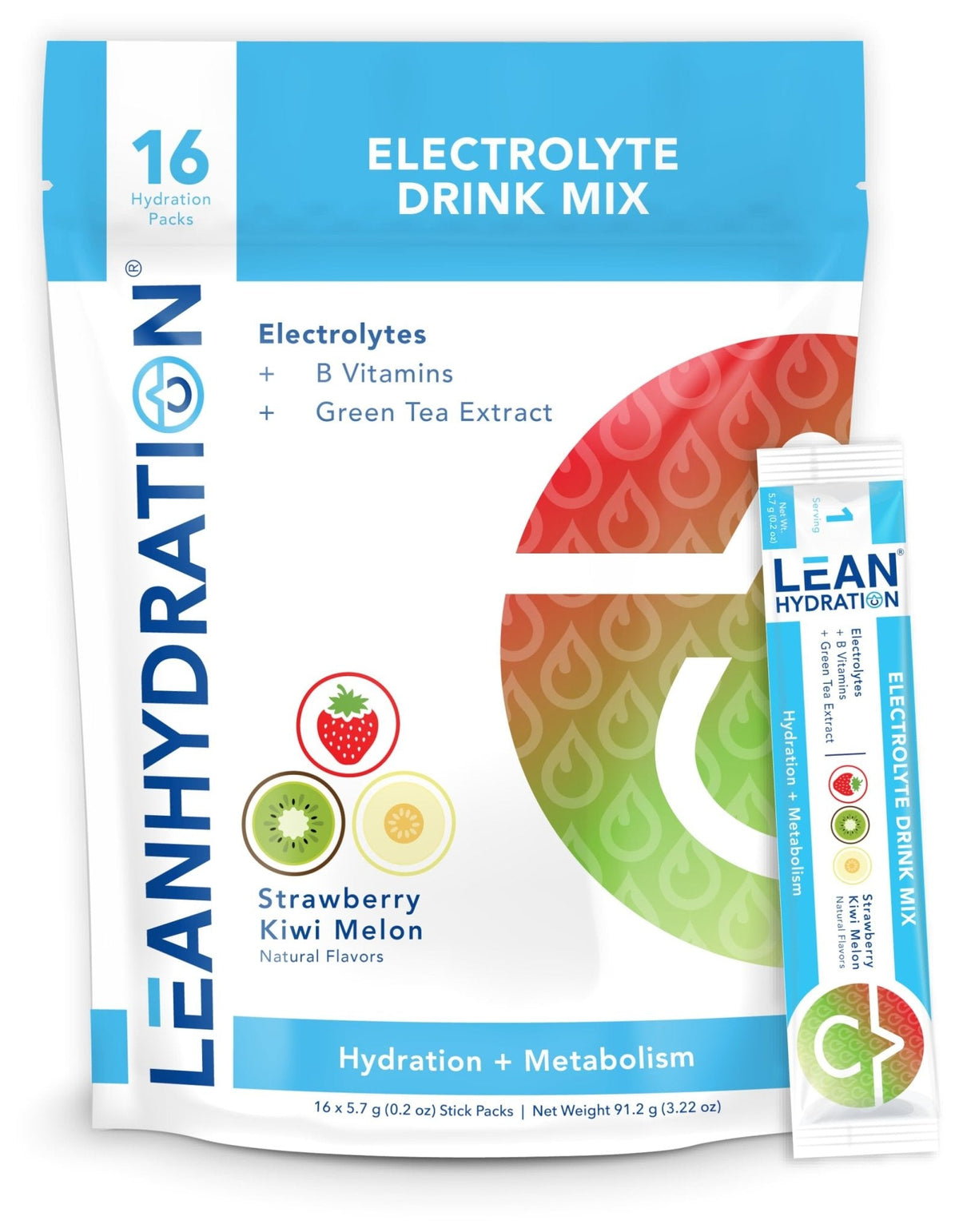 LEAN Hydration Daily Electrolyte Packets Drink Mix | Zero Calories, Zero Sugar Plus Vitamins, Minerals & More | 16 ct (Strawberry Kiwi Melon) - PrimeBioHealth - canada supplements