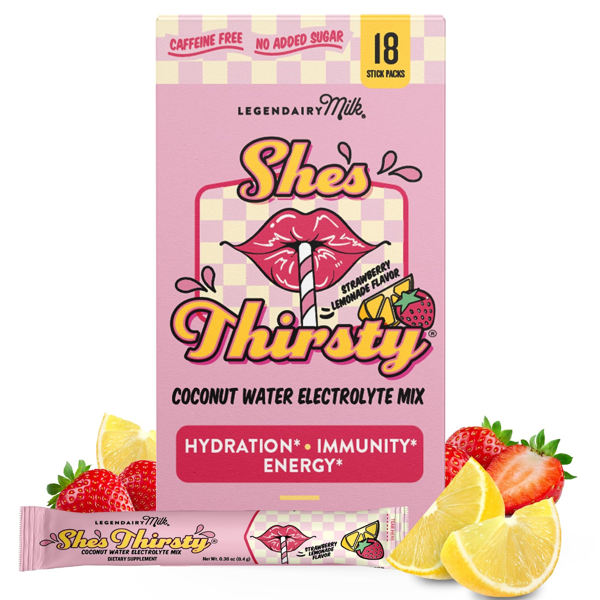 Legendairy Milk She’s Thirsty – Strawberry Lemonade, No Sugar Added Electrolytes Powder Packets–Coconut Water Mix for Women, Instant Hydration Packets, - PrimeBioHealth - canada supplements