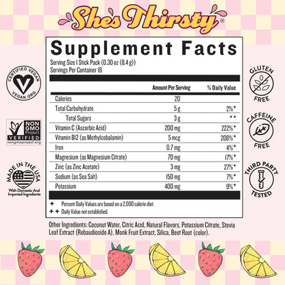 Legendairy Milk She’s Thirsty – Strawberry Lemonade, No Sugar Added Electrolytes Powder Packets–Coconut Water Mix for Women, Instant Hydration Packets, - PrimeBioHealth - canada supplements